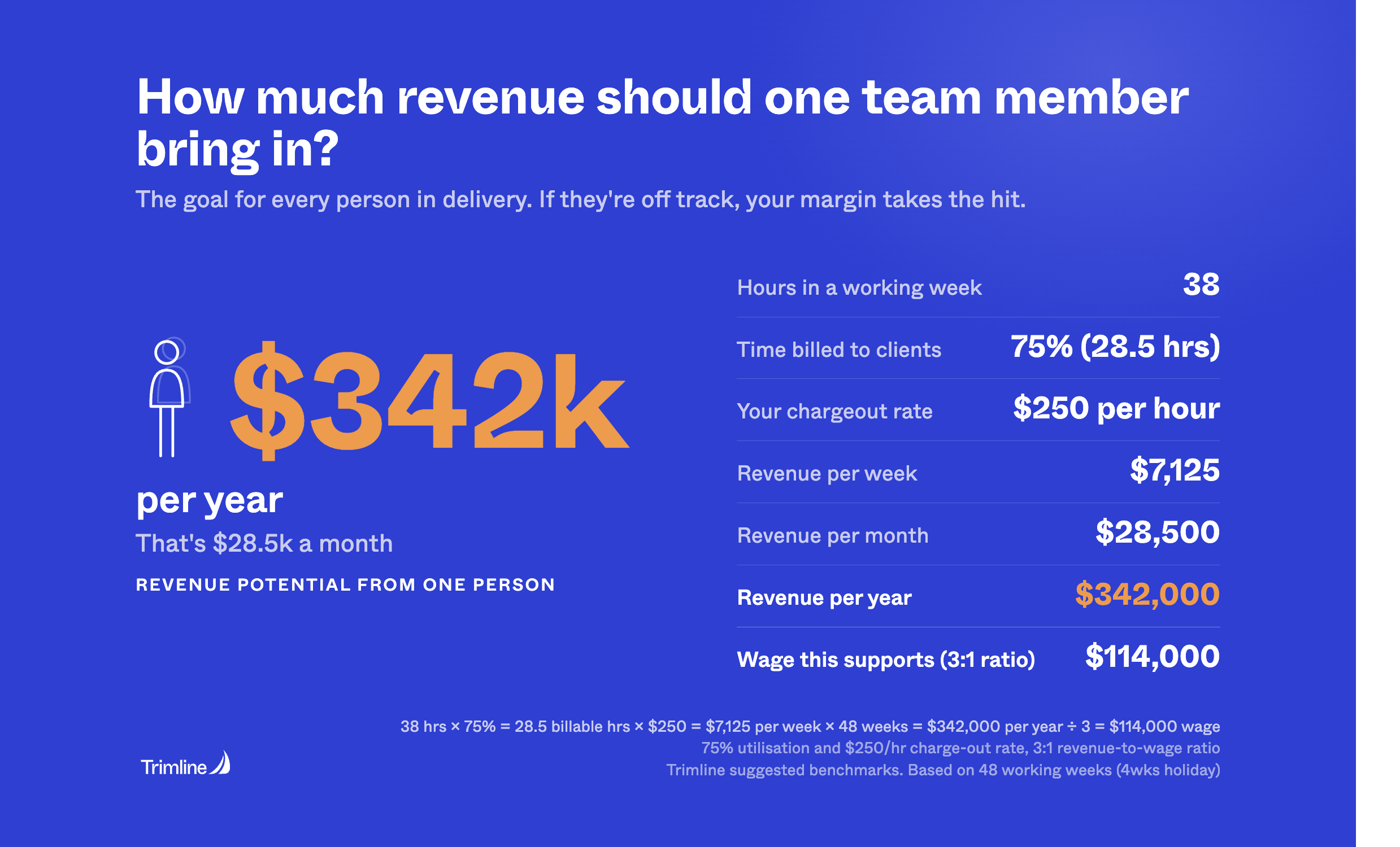 How much revenue should one team member bring in? $342k per year at 75% utilisation and $250/hr charge-out rate, supporting a $114k wage at a 3:1 ratio