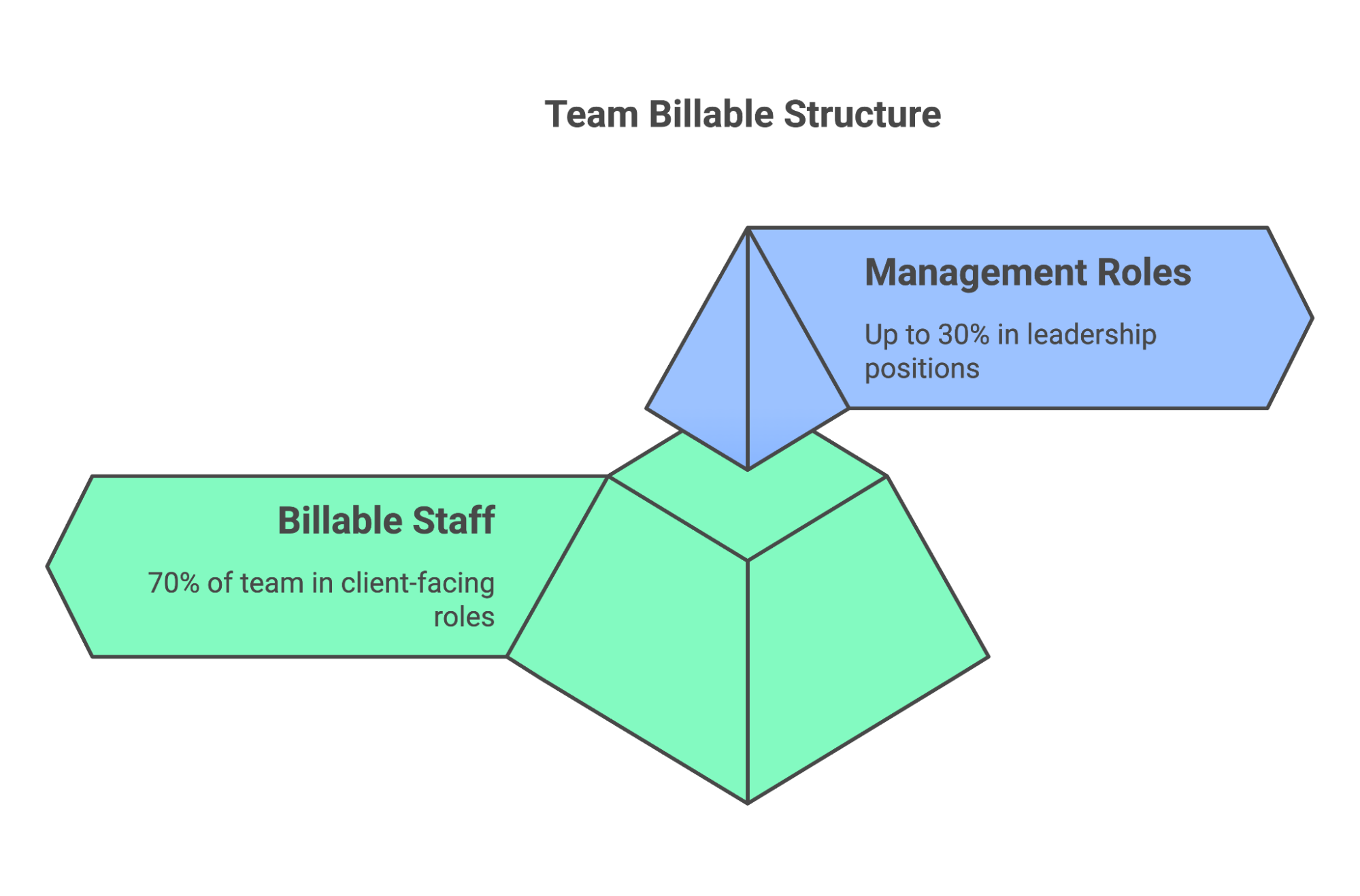 Diagram of the 70/30 billable to non-billable staff ratio: 70% of the team in client-facing billable roles, up to 30% in management and leadership positions